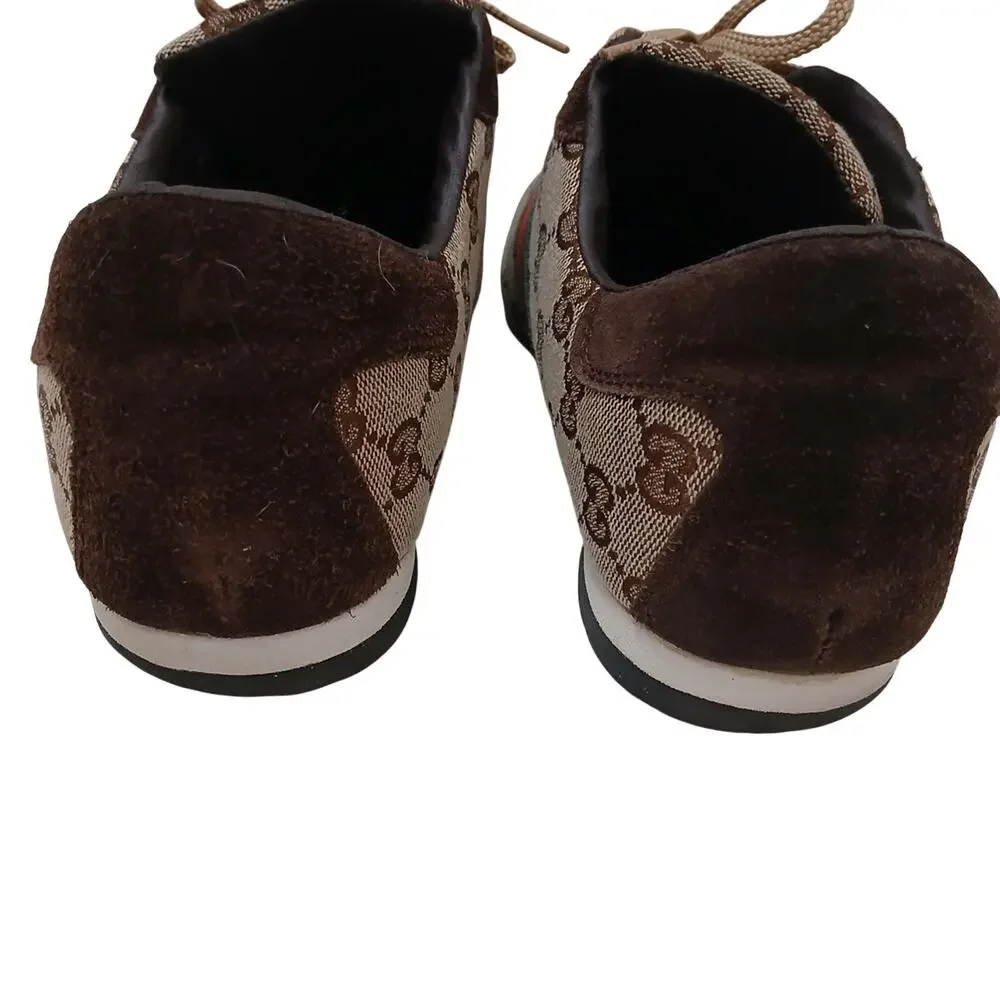 Gucci Web Detail Trainers Men 9.5 GG Canvas Suede Brown Tan Logo w‎ BOX AND Card